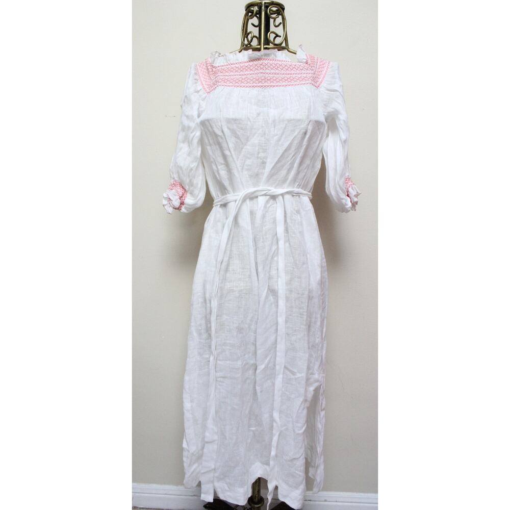 Lisa Marie Fernandez White Pink Embroidered Smocked Linen Midi Dress Size 1/US 2
